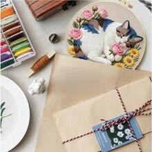 2D Flat Punch Needle Embroidery Kit For Beginners - Complete Embroidery Starter Set Including Tools And Instructions, DIY Punch Needle Embroidery Kit, Cat And Flower, Sleeping Cat, Cat Holding Flower, Cat Looking Up Embroidery Needle Beginner Handmade Kit Easy To Make Adult Holiday Gift And Decoration, Bamboo Frame Style Random - A - View 9