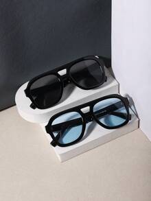 RENNES 2 PCS Men Double Bridge Aviator Fashion Glasses, Solid Black Square PC Frame, Solid Color Lens For Daily Wear Streetwear With Glasses Box - Multicolor - View 12