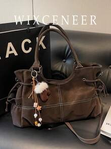 RAYCELL Large Capacity Pu Leather Handbag Tote Bag Fashionable Shoulder Bag With Pendant Suitable For Daily Used Office Commute Shopping School - Coffee - View 2