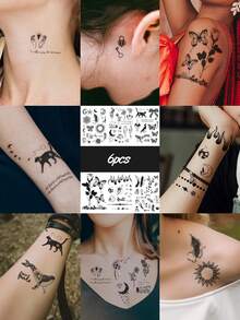 6PCS Black Butterfly Rose Floral Cat Diamond Pattern Party Gift Holiday Gift Music Festival Temporary Body Skin Waterproof Tattoo Stickers For Arm Shoulder Neck Collarbone - Black - View 3
