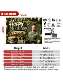 Customizable Name & Photo Camouflage Theme Happy Birthday Backdrop, Camo Balloons, Camo Cake, Gift Box, Party Hat Decor, Suitable For Birthday Party, Military Fan Birthday, Military Theme Party Photography Banner Vinyl Backdrop - Green - View 6