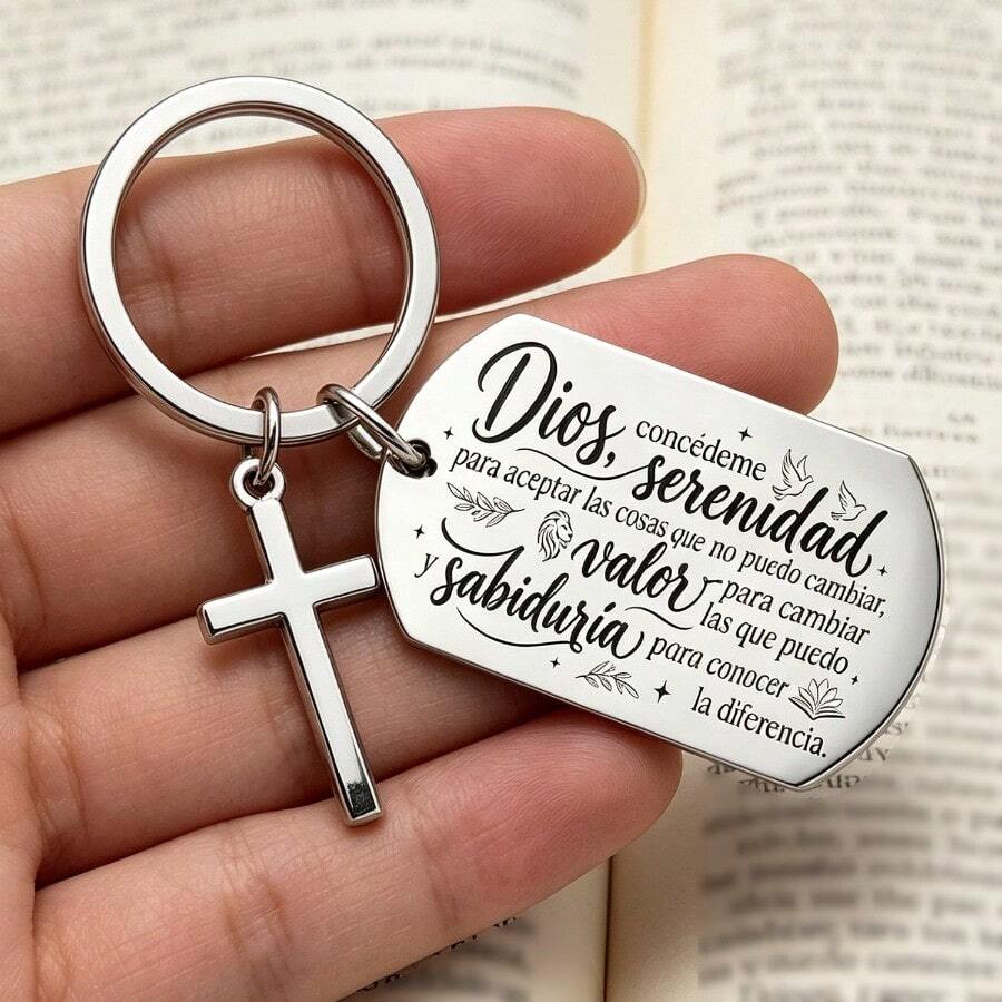 Spanish Serenity Prayer Keychain With Cross Charm, Christian Inspirational Keyring, Religious Gift For Women Men - Multicolor - View 1