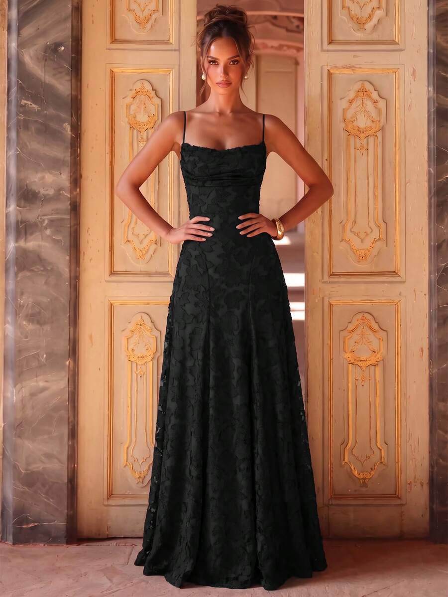 Women's Floral Embroidery Ruched Elegant Waist Formal Party Evening Gown Dress - Black - View 1