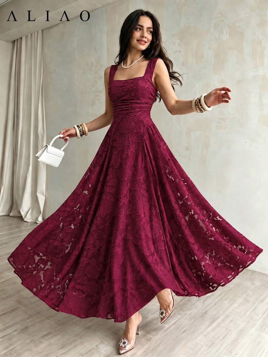 Aliao Wine Red Lace Spaghetti Strap Backless Dress, A-Line Waist Cinched, Elegant For Spring/Summer Vacation, Dates, Weddings