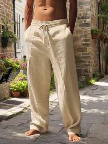 Summer Relaxed Style Pants! Men's Wide Leg Breathable Linen Straight Leg Casual Long Pants - Apricot - View 2