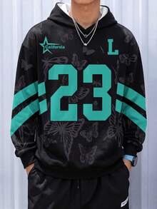 1pc Tween Boys Black Butterfly #23 Sweatshirt, Mint Green Contrast Color American Basketball Style Loose Pullover Sweatshirt, Spring/Autumn - Black - View 3