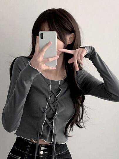 Solid Color V-Neck Long Sleeve Fitted Tie-Up Collegiate Style Top For Women, Spring/Autumn