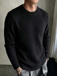 Men's Solid Color Crew Neck Jacquard Thick Vertical Stripe Knit Sweater, Loose Textured Basic Pullover Inner Layer For Autumn/Winter - Black - View 6