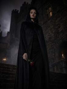 1pc Black Velvet Hooded Cape, Halloween Cloak, Halloween Cosplay Costume - Black - View 5
