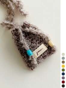 1pc Mini Knitted Phone Bag, One Shoulder Crossbody Small Bag, Niche Design Woolen Woven Coin Purse - Fabric Label Curly Hair Bead Crossbody Earphone Bag - View 9