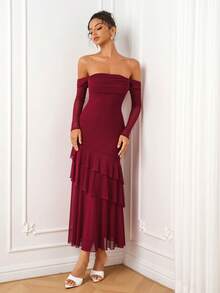 PARTHEA Elegant Burgundy Mesh Cold Shoulder Layered Ruffle Midi Dress, Long Sleeve Flowy Hem Women's - Burgundy - View 3
