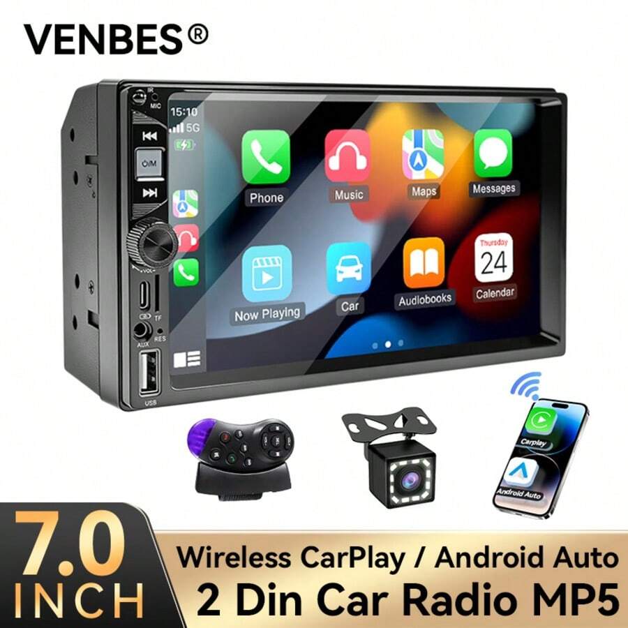 VENBES 7 Inch Single‑DIN Car Stereo, Wireless CarPlay & Wireless Android Auto, MP5 Car Radio Receiver With Bluetooth FM USB AUX