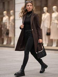 Women's Single-Breasted Long Coat With Lapel Collar, Button Front And Side Pockets - Chocolate Brown - View 2