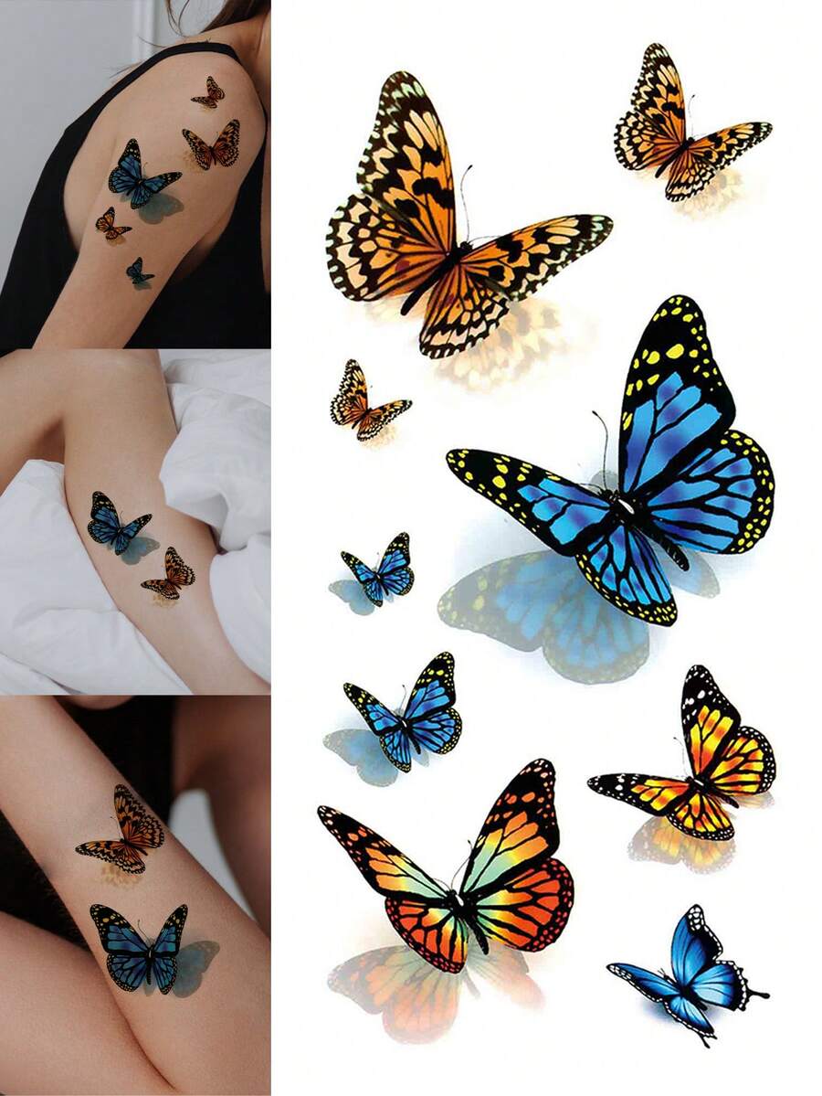 1pc Colorful Exquisite 3D Butterfly Pattern Temporary Tattoo Sticker, DIY Music Festival Party Holiday Gift, Waterproof Body Skin Tattoo For Arm, Shoulder, Neck, Collarbone - Multicolor - View 1