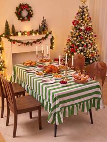 1pc Green And White Classic Wide Striped Tablecloth, Traditional Country Style, Rectangular With Scalloped Edge And Pleated Details, Stain-Resistant Protective Table Cover, Suitable For Christmas, Family Gatherings And Winter Holiday Dining Room Decor - Green - View 1