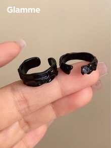 2pcs/Set Dark Style Black Textured Asymmetrical Fashion Rings, Niche Cool Open Stackable Rings - Black - View 2