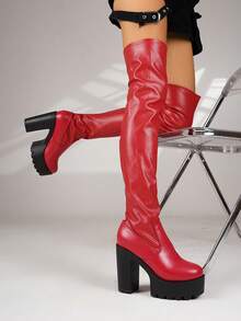 Women's Ruched Elastic Over-The-Knee Boots, High Chunky Heel Waterproof Platform Height-Increasing Fashion Long Boots, Perfect For Matching With Skirts - Red - View 5
