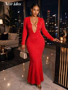 New Idea Women Red Fuzzy Knit Deep Cutout Chain Detail Long Sleeve Mermaid Maxi Dress - Red - View 4