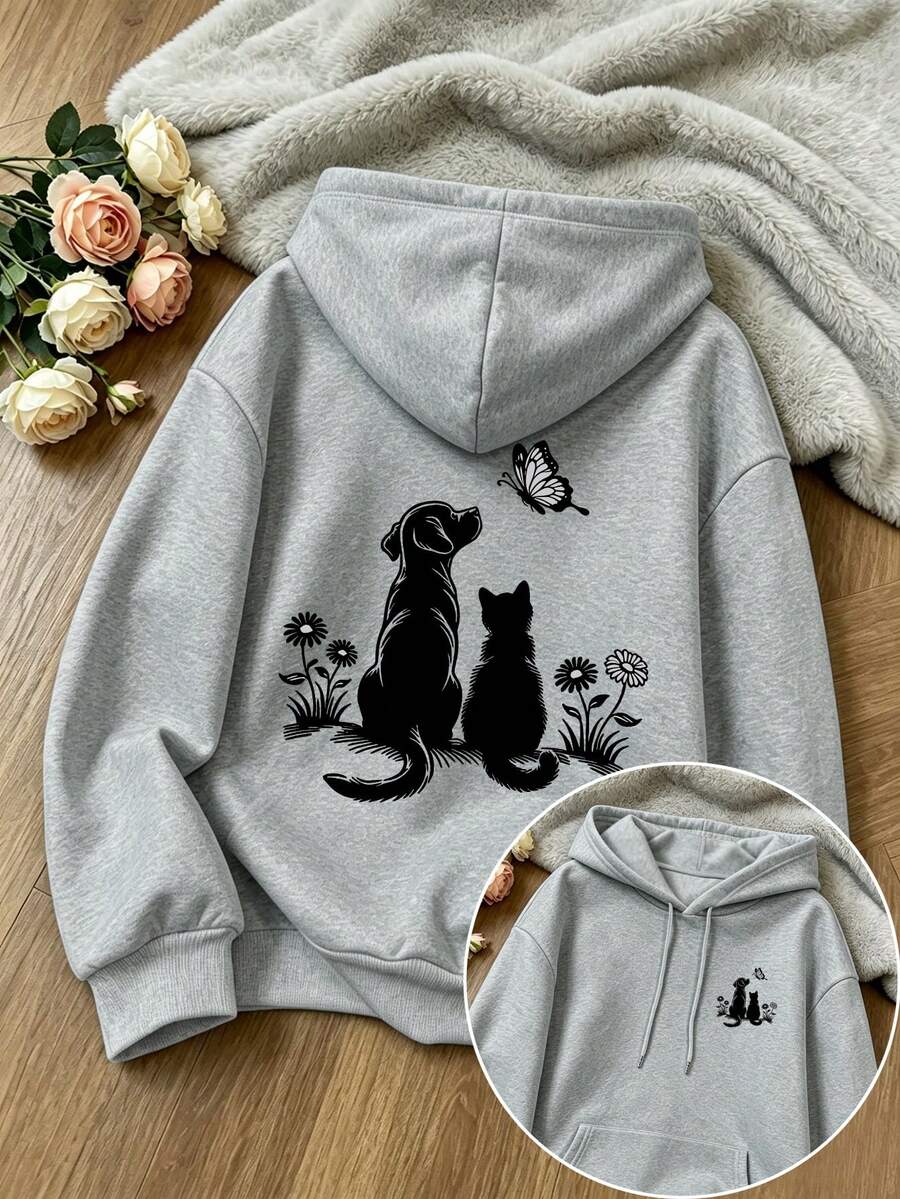 Plus-Size Women's Hoodie With Cat And Dog Double-Sided Prints, Drawstring Pockets, Casual Sports Style, Suitable For Autumn And Winter, Everyday Wear. - Grey - View 1