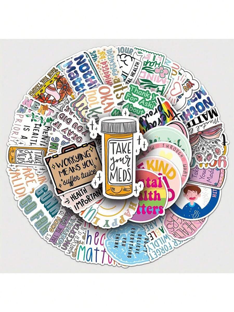 50pcs Mental Health Encouragement Text Stickers, Suitable For Laptop, Water Bottle, Refrigerator, Book, Luggage, Desk, Helmet, Skateboard, Guitar, Scrapbook Decoration, DIY Label Gift Seal, Packaging Label, Party Sticker - Multicolor - View 1