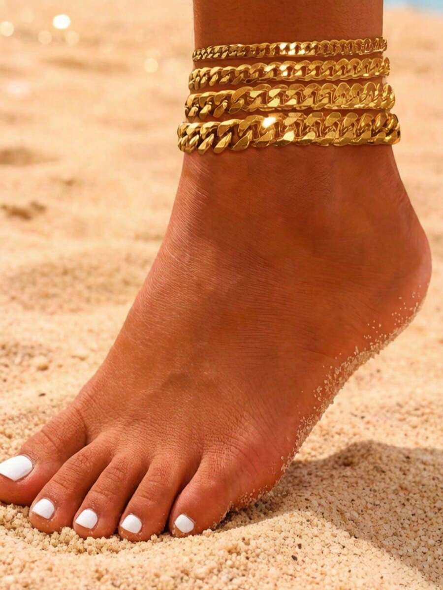imoli 4pcs/Set Bohemian Holiday Vacation Style Metal Multi-Layer Anklet Set, Suitable For Women Beach Party Jewelry Gift