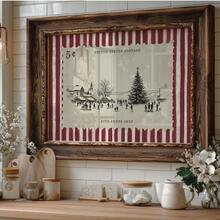 1pc Vintage Christmas Postage Stamp Wall Art, Retro Holiday Canvas Print, Rustic Red White Striped Tree Village Scene Poster, Neutral Farmhouse Xmas Decor For Living Room Entryway, Unframed Or Framed - Pattern - View 3