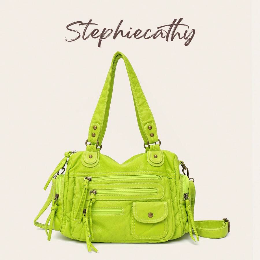 STEPHIECATHY Solid Color Soft Washed PU Leather Zip Closure Multi-Pocket Shoulder/Crossbody Bag, Women's Unisex Retro Casual Campus Everyday Commuting Style. - Lime Green - View 1