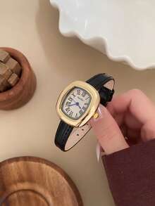 1pc Square Rounded Case White Dial Roman Numeral Scale Adjustable Black PU Strap Women's Quartz Watch, Suitable For Daily Wear - Black - View 3