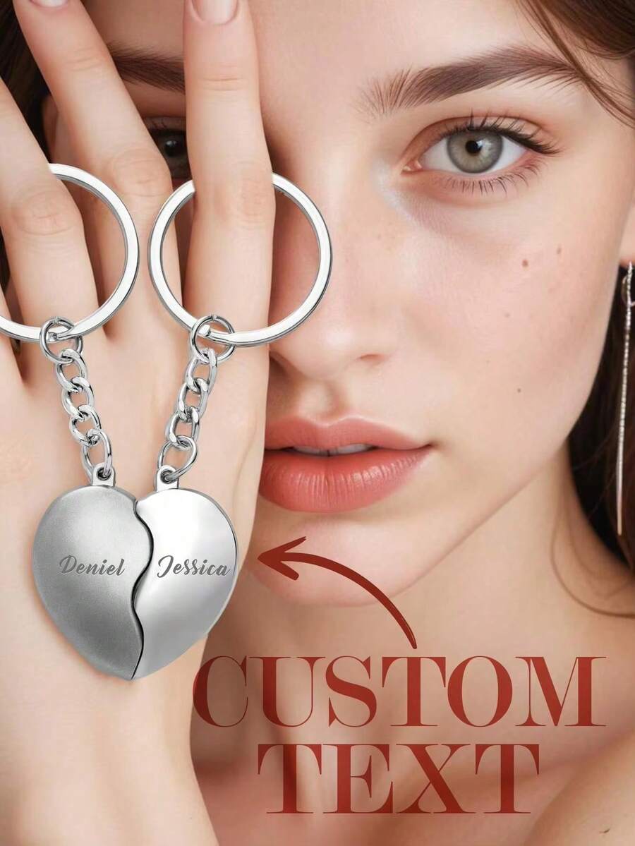 Custom Couple Keychains Personalized Engraved Heart Keyring Matching Magnetic Lovers Keychain Valentines Birthday Anniversary - Multicolor - View 1