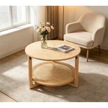 Mesa de Centro Redonda de Madera Natural 70.1x70.1x46 cm |   Mesa deé Circular de Doble Nivel con Tablero Superior de Madera y Estante Inferior de Ratán |   Diseño Moderno y Rústico para Sala de Estar y Recámara |   Fácil de Armar - Albaricoque - Ver 3