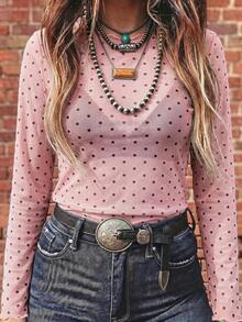 Pink Polka Dot Sheer Mesh Long Sleeve Top, Ruffle Round Neck Fitted Blouse, French Style Layering Blouse, Casual Summer Date Night Top - Baby Pink - View 3