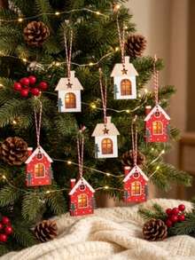 8pcs Christmas Wooden Hanging Ornaments, Small House Shaped Tree Decorations, Rustic Style Holiday Tabletop And Wreath Decor, Exquisite Seasonal Gift, Suitable For Plush Doll Collection, Great Choice For Winter Home Decor - Multicolor - View 6