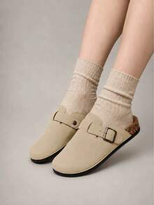 Women's Closed-Toe Mule Slippers, Adjustable Strap Flat Sandals, Slip-On Backless Casual Slides, Round Toe Everyday Shoes - Khaki Camel - View 3