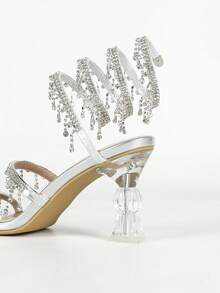 Women's Square Toe Crystal High Heel Sandals With Rhinestone Snake Wrap Strap, Elegant Fashion Open Toe, Minimalist Basic Style For Summer And Autumn - Silver - View 5