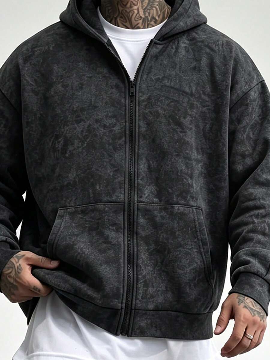 MISTER SELECT 大尺碼男士酸洗復古拉鍊開襟衫，高級寬鬆版型秋冬上衣，適合多種場合