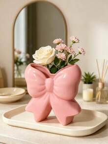 1pc Pink Bow Vase, Cute Glossy Bow Vase, Modern Decorative Vanity And Tabletop Centerpiece, Creative Gift For Her, Aesthetic Room Decor, Vanity Centerpiece, Gift For Her, Modern Home Decor - Multicolor - View 6