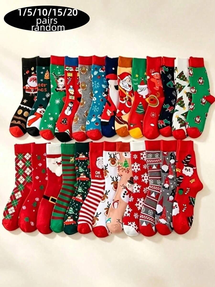 20 Pairs Christmas Theme Mid-Calf Socks, Autumn/Winter Cartoon Santa ...
