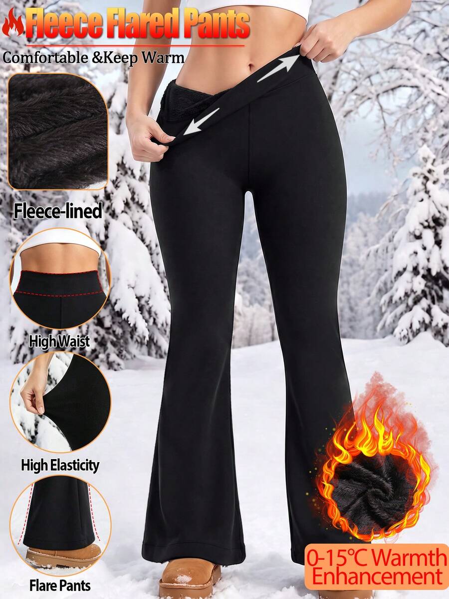 Women High Waist Bell Bottom Flared Pants Winter Clothes Thickened Fleece Lined Leggings Fall Clothes Black Tummy Control Trousers Basic Warm Thermal - Black - View 1