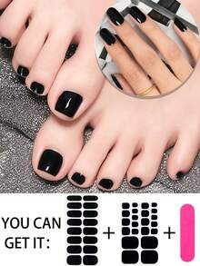 Stiker Kuku Gel Semi-Kering Hitam Mengkilap, Stiker Kuku Warna Solid untuk Tangan & Kaki, Dilengkapi dengan Kikir Kuku, Manikur DIY - Hitam - View 7