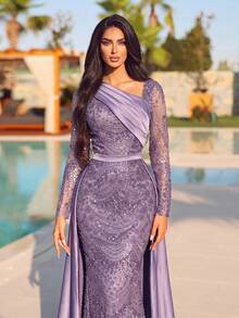 Stunning Asymmetrical Neckline Sequin Evening Gown With Asymmetrical Shoulder Strap, Long Sleeves, Side Train And Satin Skirt, Suitable For Banquets, Galas, Red Carpets And Celebrations - Dusty Purple - View 3