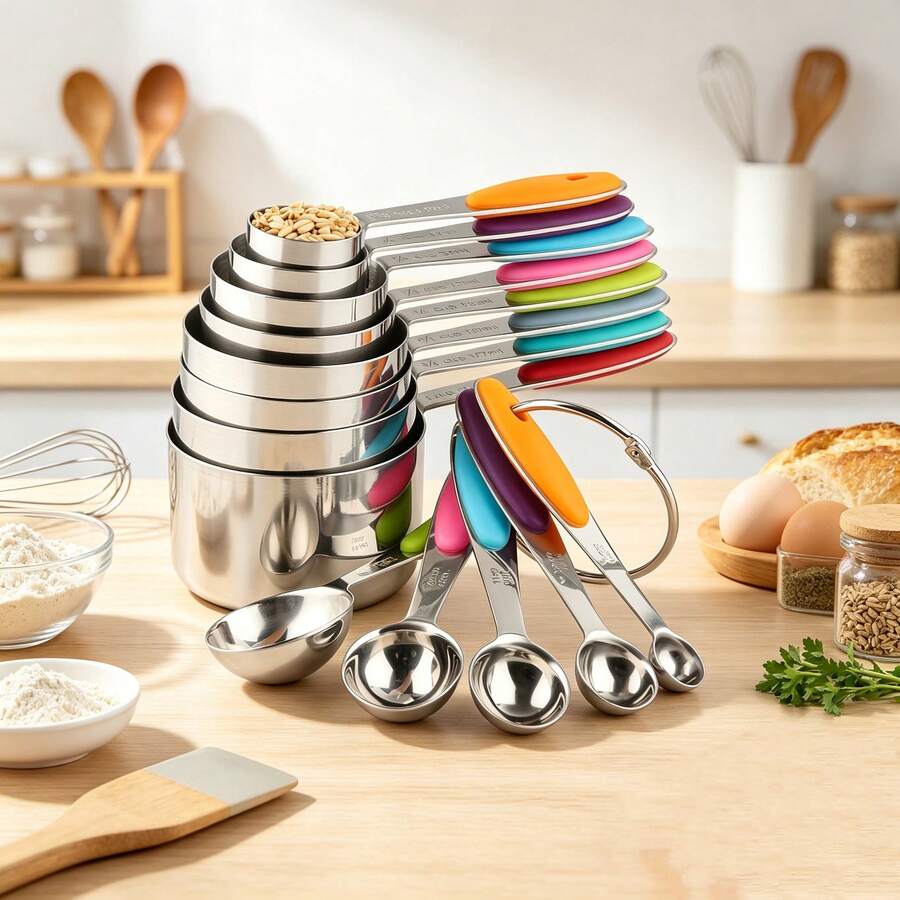5/8PCS Colorful Stainless Steel Measuring Cups/Spoons, With Clear Markings, Suitable For Dry Or Liquid Ingredients, Cooking Accessories, Baking Essentials, Modern Kitchen Tools, Kitchen Utensils, High-Quality Spoons, Dry Ingredient Spoons - Multicolor - View 1