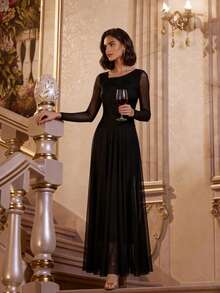 Elegant Black Asymmetric Neck Sheer Mesh Long Sleeve Maxi Dress, Ruched Waist Flowy Formal Gown For Fall Wedding Guest, Thanksgiving, Halloweenr Party - Black - View 12