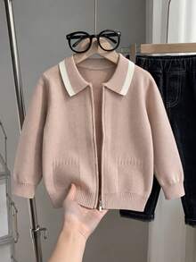 Young Boy Contrast Color Long Sleeve Zip-Up Knit Cardigan Suitable For School Daily Wear Spring Autumn Winter - Apricot - View 2