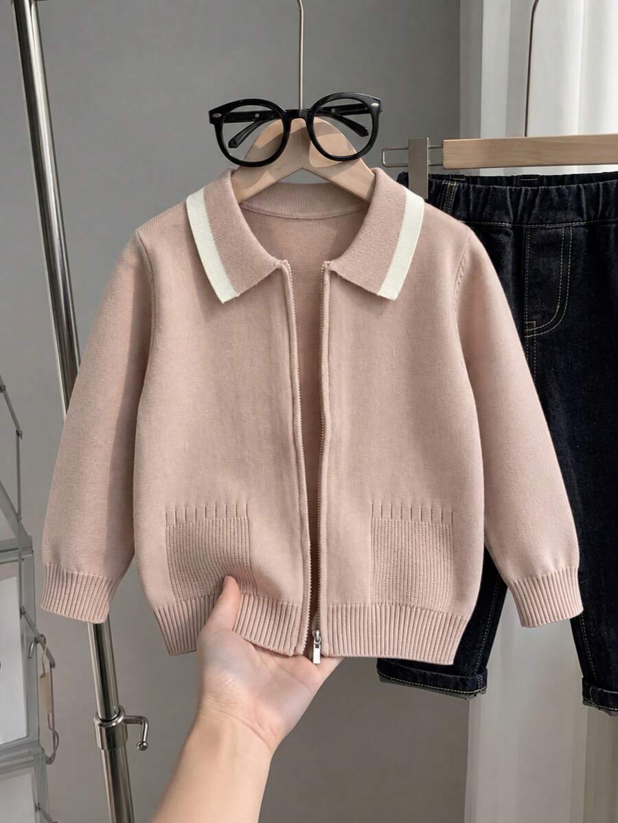 Young Boy Contrast Color Long Sleeve Zip-Up Knit Cardigan Suitable For School Daily Wear Spring Autumn Winter - Apricot - View 1