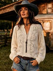 Women's Vintage Elegant Long Sleeve Blouse, Hollow Embroidery Design, Fashionable Casual, Suitable For Spring & Summer Daily Wear - Apricot - View 1