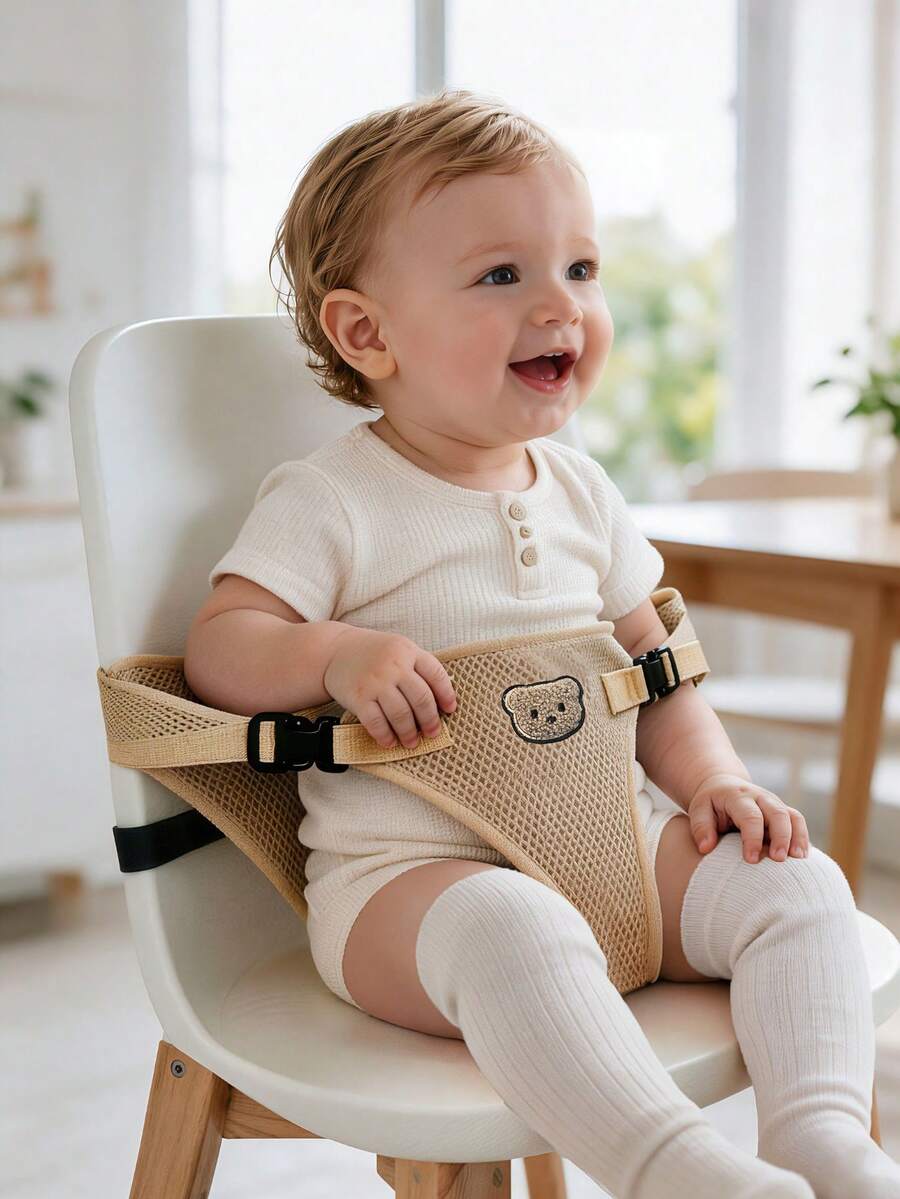 Baby High Chair Strap Mesh Breathable Adjustable Seat Strap With Cute Bear Embroidery, Wrap-Around Baby Back Support, Sitting Posture Training Fixing Belt, Foldable Anti-Slip Waist Belt For Feeding High Chair, Travel Essential - Multicolor - View 1
