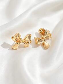 1 Pair European And American Minimalist Bow Earrings For Women, Suitable For Wedding, Ball And Party - Gold - View 5