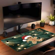 1pc Cute Gingerbread Man Large Mouse Pad, Christmas Holiday Extended Desk Mat, Dark Green Pine Branch & String Lights Gingerbread Man Keyboard Pad, Stitched Edge Soft Fabric Surface With Non-Slip Rubber Base, Laptop Desk Mat, Suitable For Home Office, Gaming, Holiday Gift - View 4