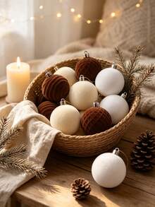 16pcs Flocked Christmas Ball Decorations Set, Christmas Flocked Balls, Warm Tone Flocked Christmas Decorations, Holiday Pre-Strung Hanging Decorations, Shatterproof Plastic Christmas Tree Ornament Set, Wedding Party Decorations - Khaki Off-white - View 5