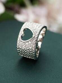 1Pc Women's Silver Wide Band Ring, Hollow Heart Design Full Paved Zirconia, Daily Statement Jewelry Gift. No Box.. - Silver - View 2
